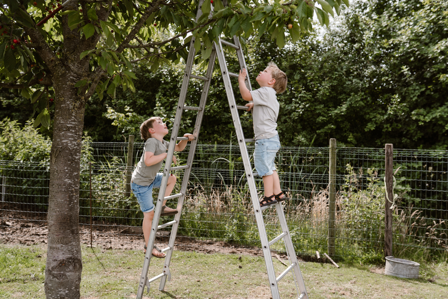 Twee kinderen op een ladder in hun tuin tijdens een gezinsfotoshoot in Land van Cuijk.