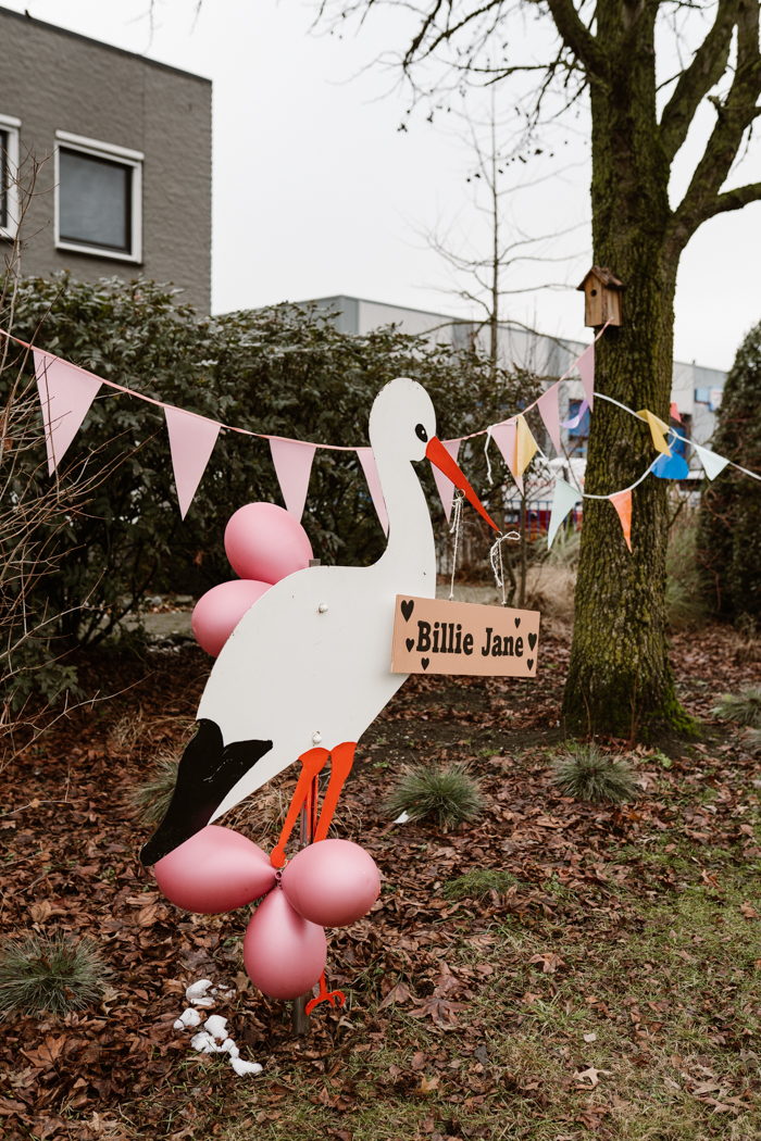 Ooievaarsbord in de tuin voor de geboorte van Billie Jane